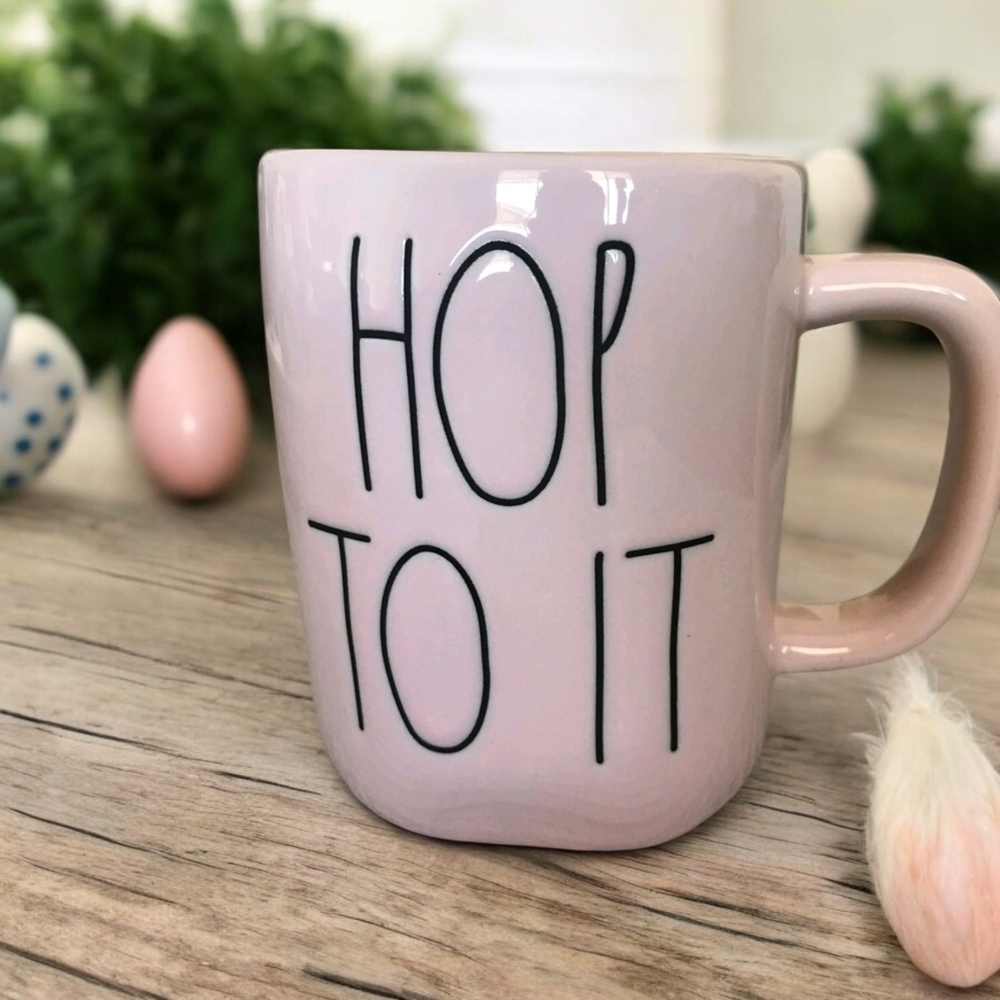 New Rae Dunn Pink Ceramic Mug HOP TO IT Easter Bunny Spring